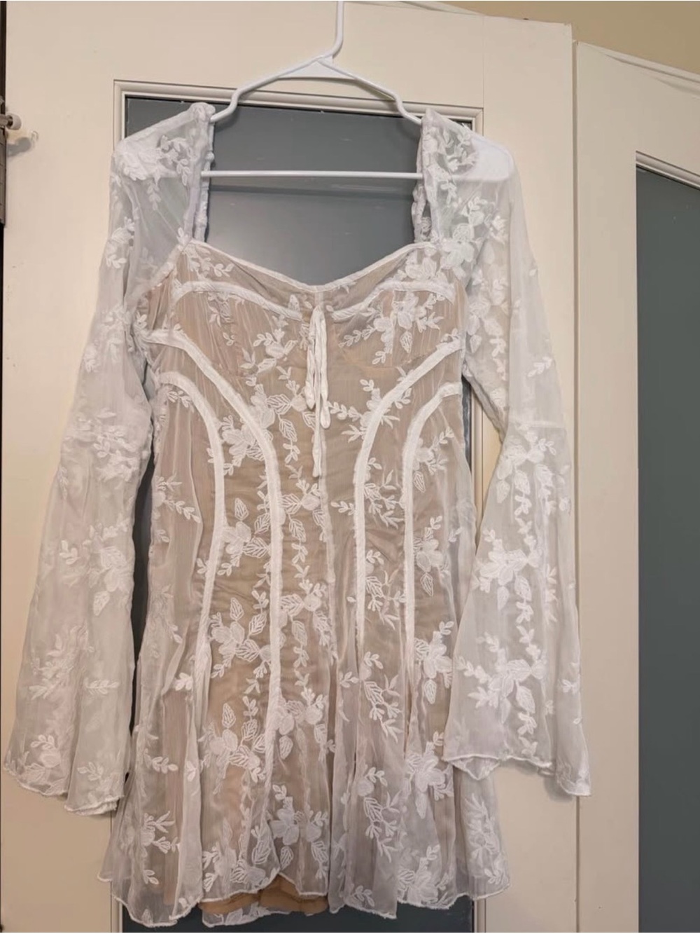 PLT White Mesh Floral Cup Detail Frill Shift Mini Dress - Size 6